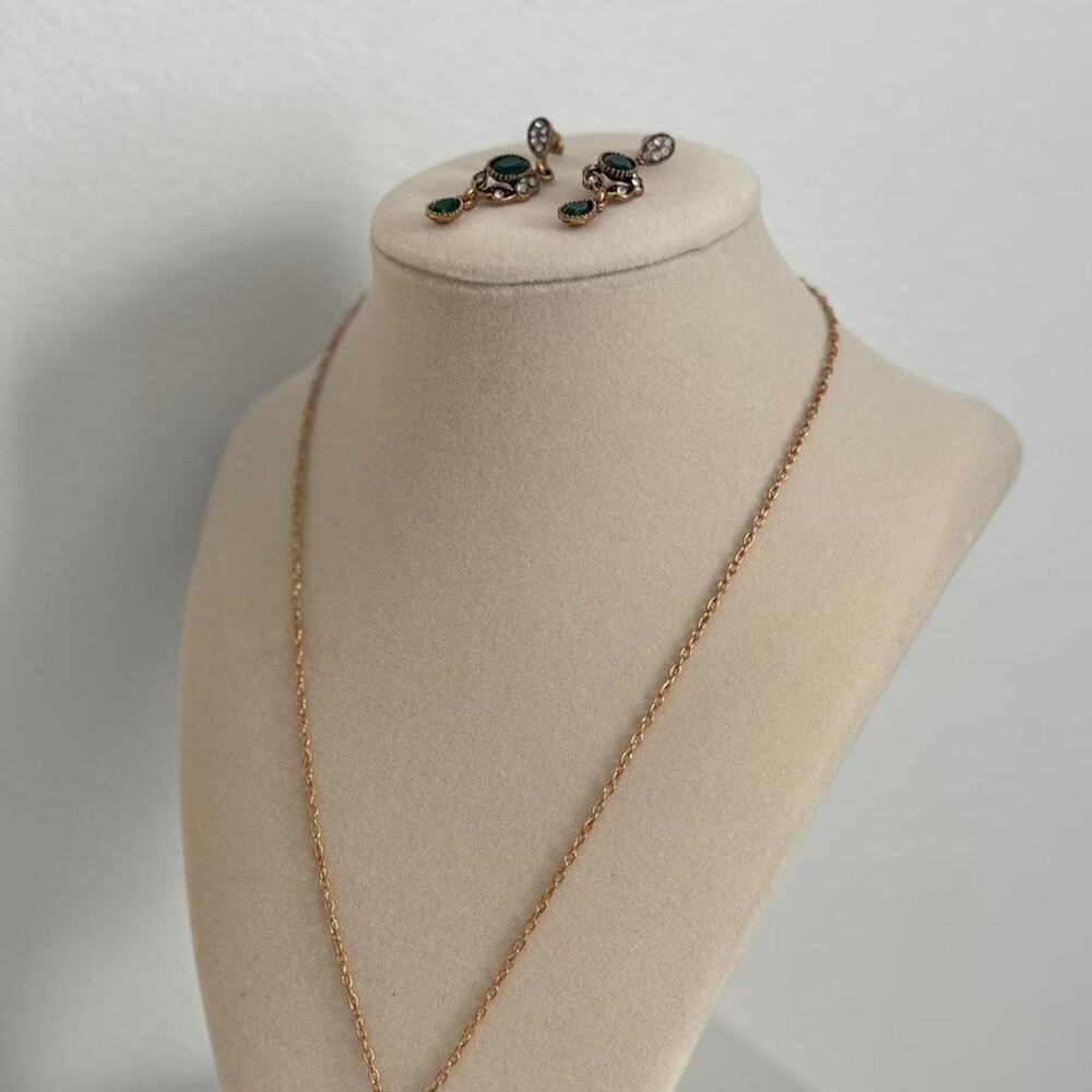 Emerald Green Gold Necklace Earrings Set Elegant Jewelry Matching Set Gift - Picture 3 of 3